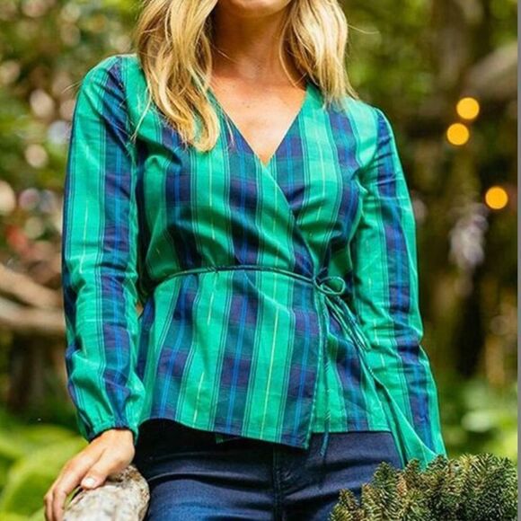 🆕 Southern Tide Green Isle Plaid Marlena Surplice Top - Picture 1 of 9